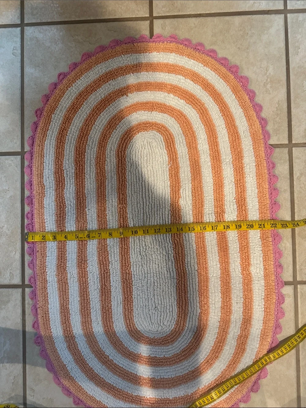 Rug Mat White and Orange Striped Oval Door Mat with Pink Scalloped Edge